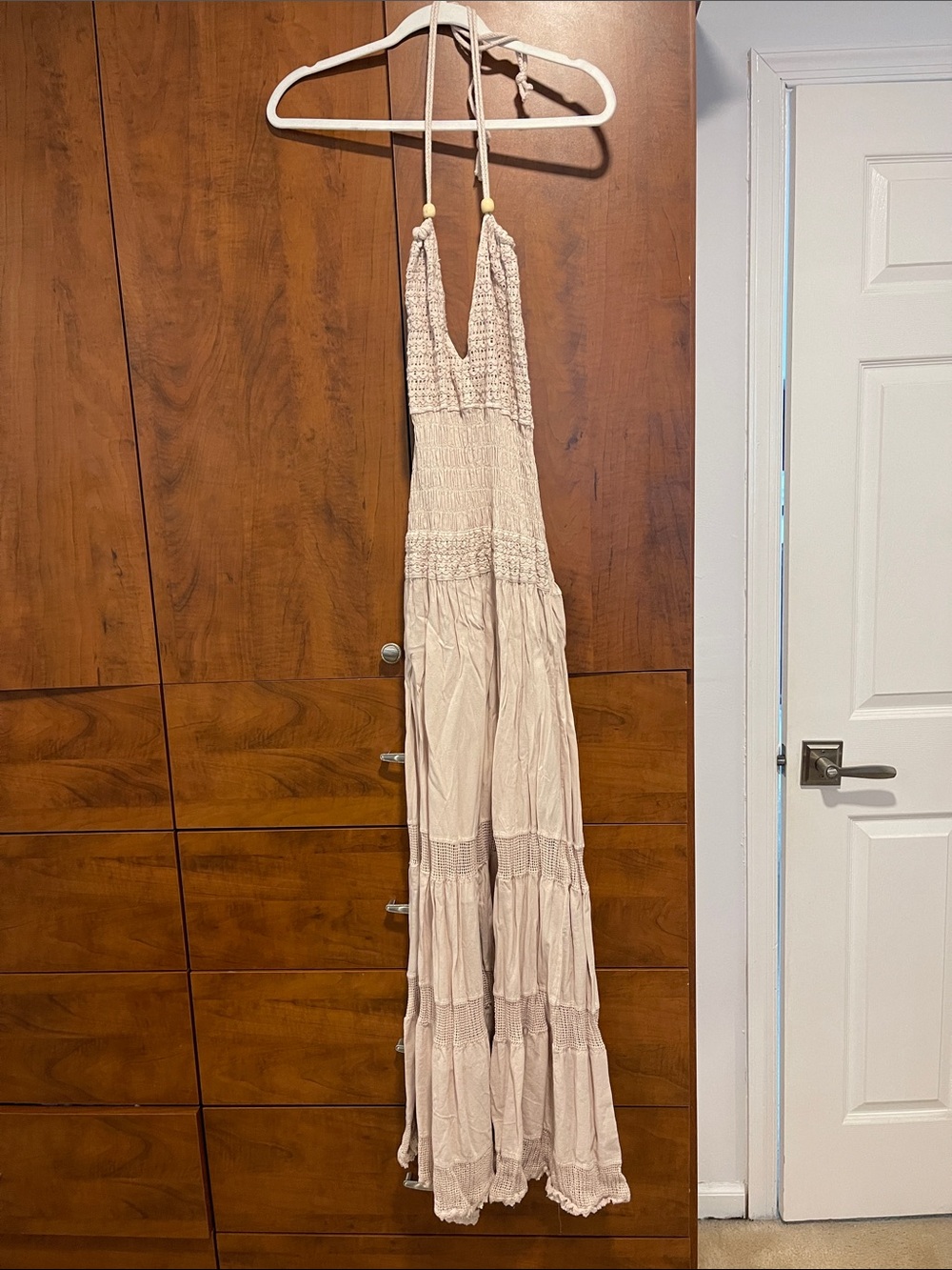 Blancha Natural Light Beige Crochet Halter Maxi Dress